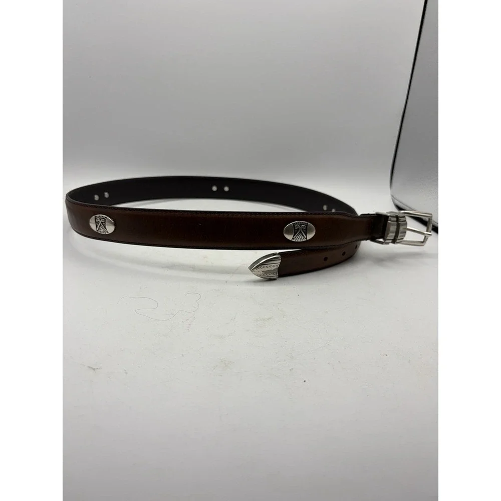 Western Top Grain Leather Belt Silver Buckle Conchos Brown 1.25